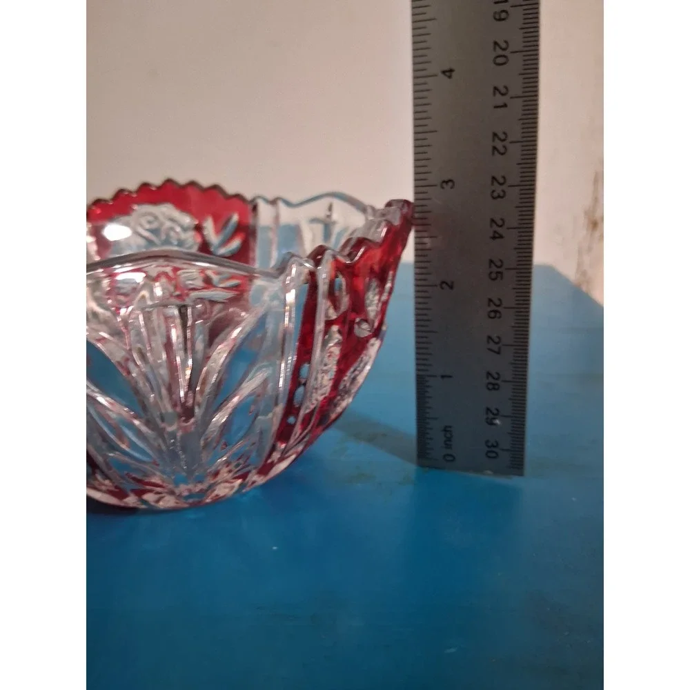 Vintage Ruby Red Flash Crystal Bowl Frosted Rose Floral Scalloped Rim 5.75in